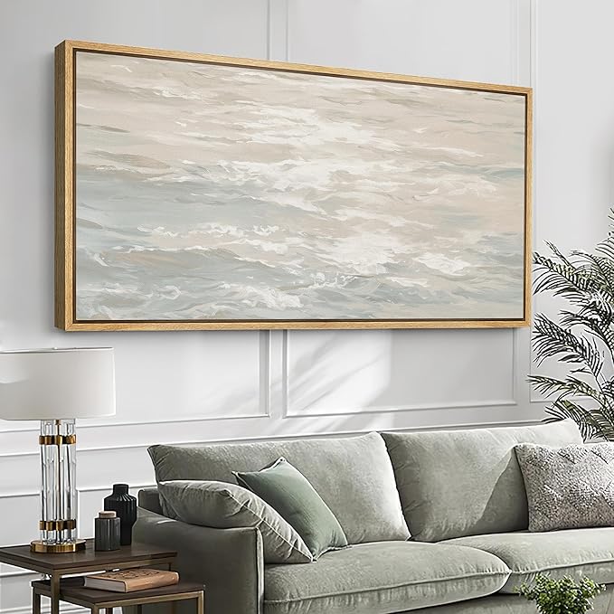 SIGNFORD Extra Large Framed Canvas Print Wall Art Ocean Waves Minimalist Coastal Seascape Illustrations Modern Art Relax/Calm Warm for Living Room, Bedroom, Office - 60"x30"