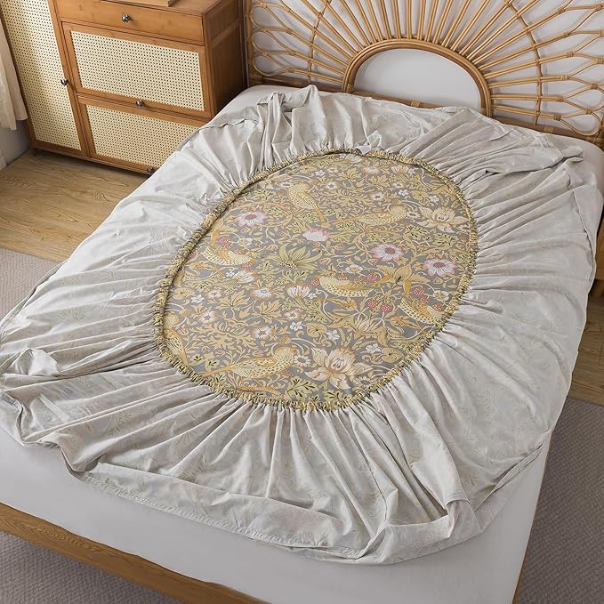 FADFAY 100% Cotton Queen Bed Sheet Set, 4 Piece Gray Vintage Floral Bird Print Bedding, Soft Breathable Cooling Sheets, Deep Pocket Fitted Sheet, Flat Sheet & Pillowcases, All Season Cotton Bedding