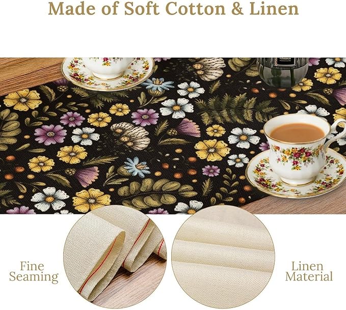 Vintage Flower Table Runner, Rustic Farmhouse Colourful Botanical Flowers Fern Print Kitchen Dining Table Decor Seasonal Home Decoration Indoor Outdoor Party, 13x120inch