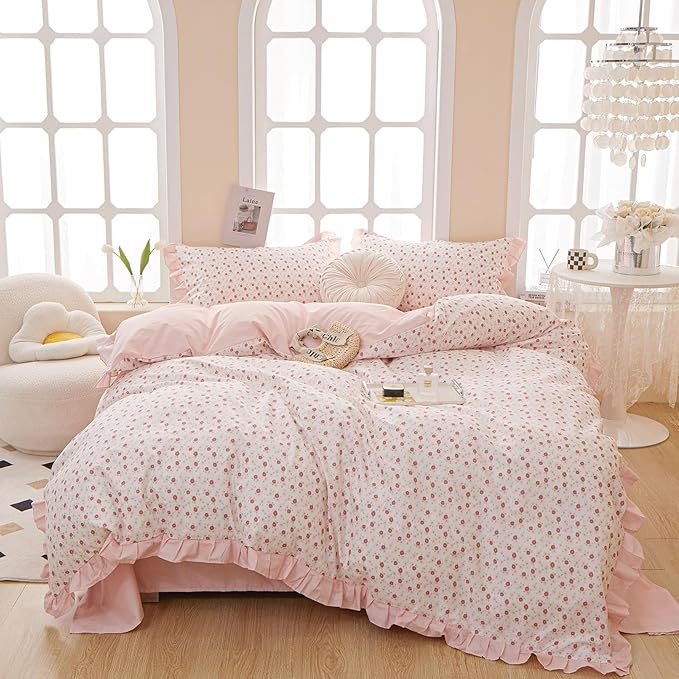 Floral Ruffe Duvet Cover King Garden Flower Print Lace Duvet Cover 100% Cotton Girls Floral Comforter Cover Reversible Pink Striped Ruffle Comforter Cover Romantic Lace Princess Bedding Set King