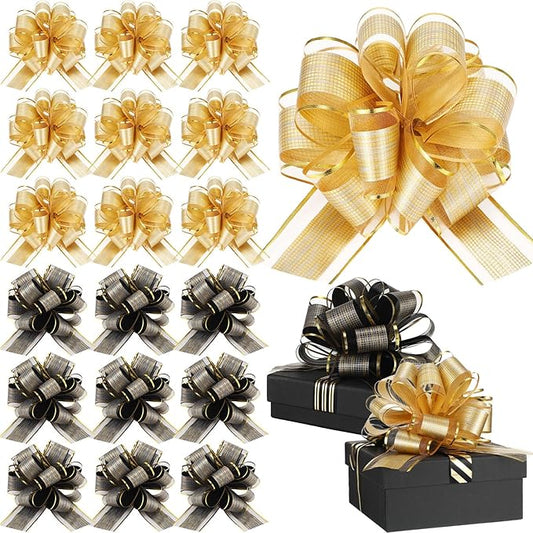 WILLBOND 20 Pieces 6 Inch Pull Bows Gift Wrapping Ribbon Pull Bows for Christmas Wedding Baskets Valentine Multicolor Wrap Accessory for Gift Present Holiday Decor(Black, Gold)