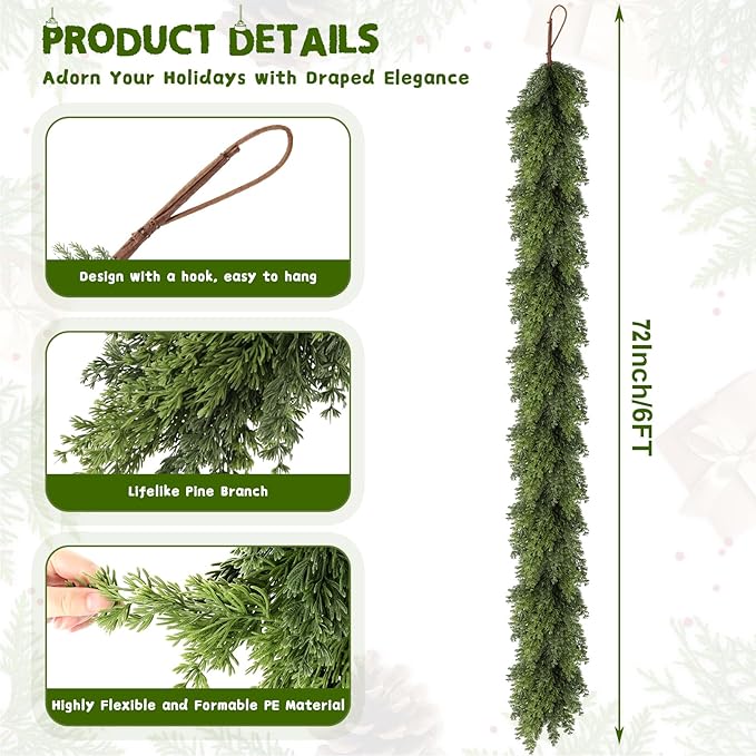 Real Touch Cedar Garland, Christmas Artificial Realistic Faux Cypress Pine Garlands, Christmas Greenery Garland Decorations for Mantle, Table, Stairs, Doorframe, Fireplace, Winter Garlands(6FT)
