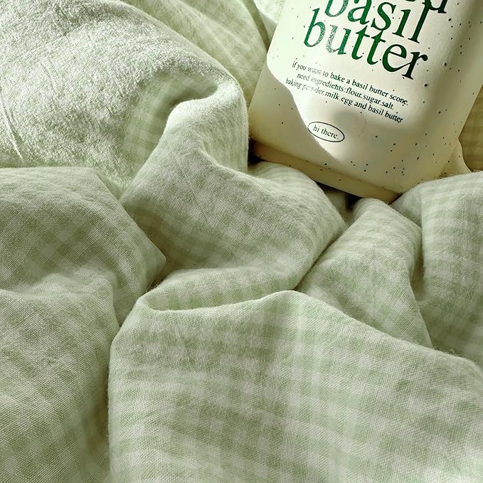 LifeTB Green Gingham Comforter Set Full Size Princess Lace Style Vintage Plaid Checkered Comforter Chic Gingham Farmhouse Bedding Set Lightweight Fluffy Soft Green Plaid Grid Comforter Set Full