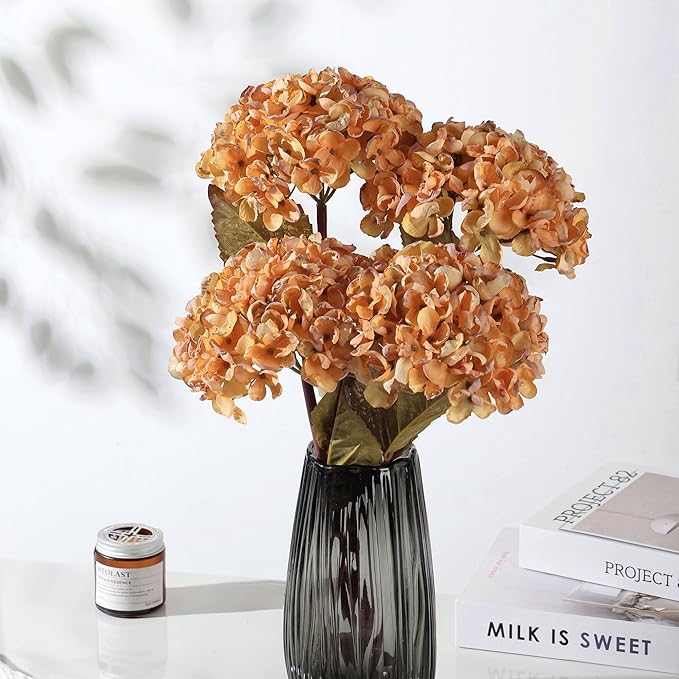 Fall Artificial Dried Hydrangea Flowers, Vintage Orange Dried Look, Faux Fall Flowers, Single Stem (Orange, 4pcs)