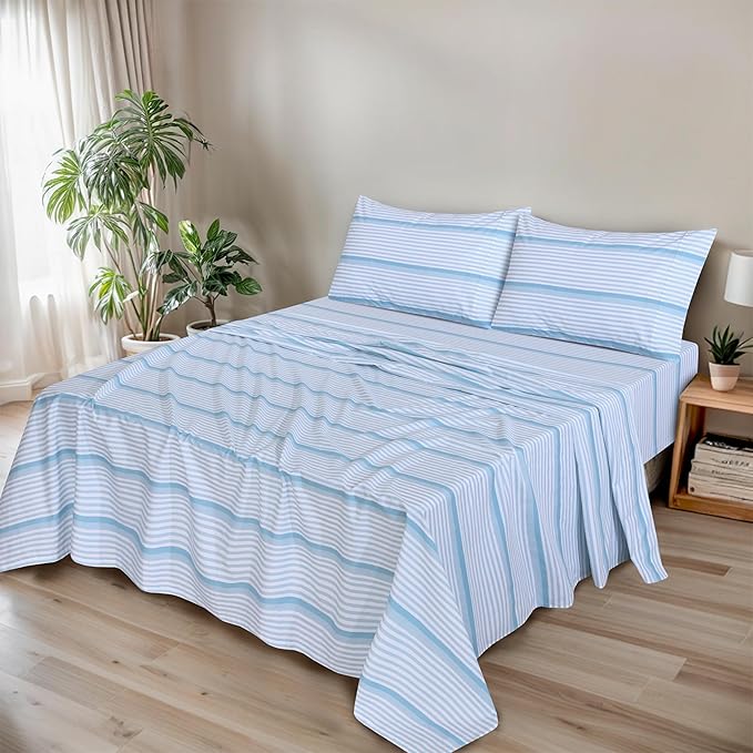 RUVANTI 100% Organic Cotton Sheets Full Size, Percale Weave, GOTS Certified, 4-Piece Set, Deep Pocket 15", Crisp & Breathable, Soft Durable Bedding, Sábanas Algodón Orgánico – Nautical Stripes