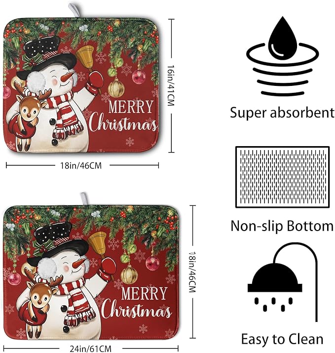 Christmas Dish Drying Mats for Kitchen Counter 18x24 Cute Snowman Red Dish Drying Pad for Dishes Winter Xmas Holiday Dish Draining Mat Absorbent Microfiber Dish Drainer Rack Mats
