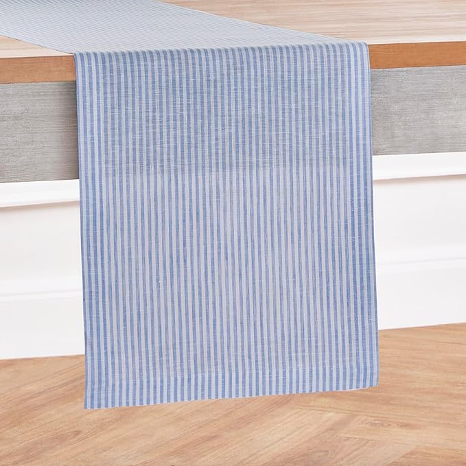 Solino Home Linen Table Runner 120 Inches Long - Narrow Stripe, 100% Pure Linen Cornflower Blue and White Table Runner 14 x 120 Inch for Dining, Winter, Spring, Easter