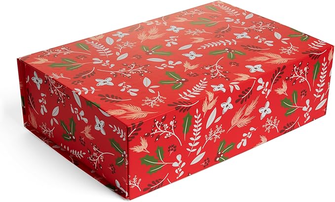 Christmas Gift Box with Magnetic Lid | Red Decorative Gift Boxes for Presents, Holiday Gifts, Treats, Ornaments, and Keepsakes. 11.5" x 7.5" x 3.5"