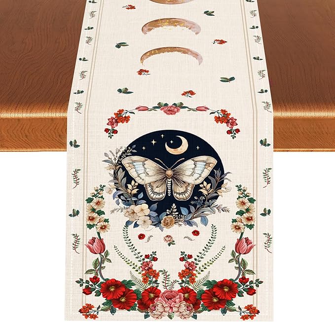 Gothic Moth Table Runner, Boho Floral Gothic Sun Moon Phase Mystical Witchy Starlight Coffee Table Center Decor for Home Kitchen Dining Patio Holiday Party Table Decorations 13x90 inches