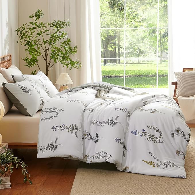 Nayoroom Floral Duvet Cover Full Size White Green Botanical Flower Cottagecore Bedding Set 3 Pieces Soft Lightweight Reversible Aesthetic Duvet Cover with Zipper Closure