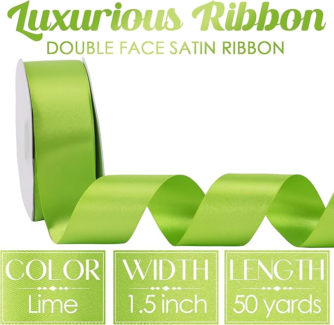 MEEDEE Lime Satin Ribbon 1-1/2 inch Lime Ribbon Double Faced Satin Ribbon by 50 Yards Lime Green Ribbon for Christmas Tree, Wreaths, Crafts, Satin Weddings, Flower Bouquet, Holiday Decorating