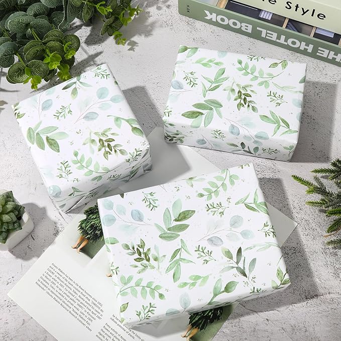JarThenaAMCS Greenery Wrapping Paper Roll 16.9 In x 32.8Ft Green Leaves Gift Wrap Paper Spring Decorative Art Paper for Baby Shower Birthday Gift Packing Supplies