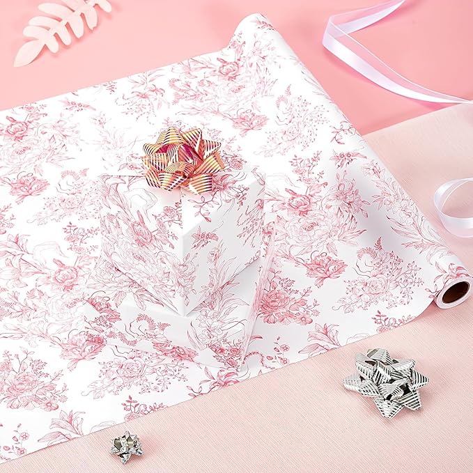 WERNNSAI Pink Flower Gift Wrapping Paper Roll - 1 Roll 17”x 33 ft Pink Vintage Floral Wrapping Paper Bridal Shower Wedding Wrap Supply Baby Shower Wrapping Paper for Girls Birthday