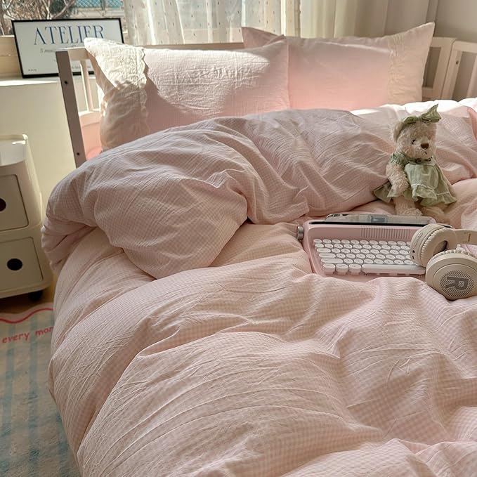 LifeTB Pink Gingham Duvet Cover Queen Size 3 Pieces Romantic Lace Duvet Cover Pink Plaid Checkered Comforter Cover with 2 Pillowcases Soft Breathable Microfiber Grid Farmhouse Plaid Bedding Set