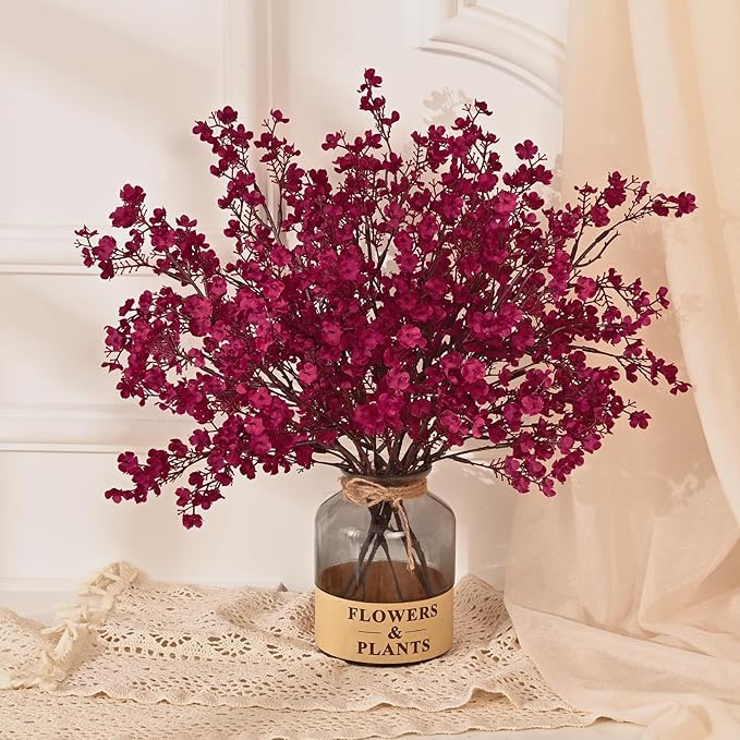 Yastouay Fake Fall Flowers Real Touch Silk Flowers, 10Pcs Fall Burgundy Artificial Flowers for Decorations, Babys Breath Artificial Flowers Bulk for Thanksgiving Fall Decor Floral Arrangement