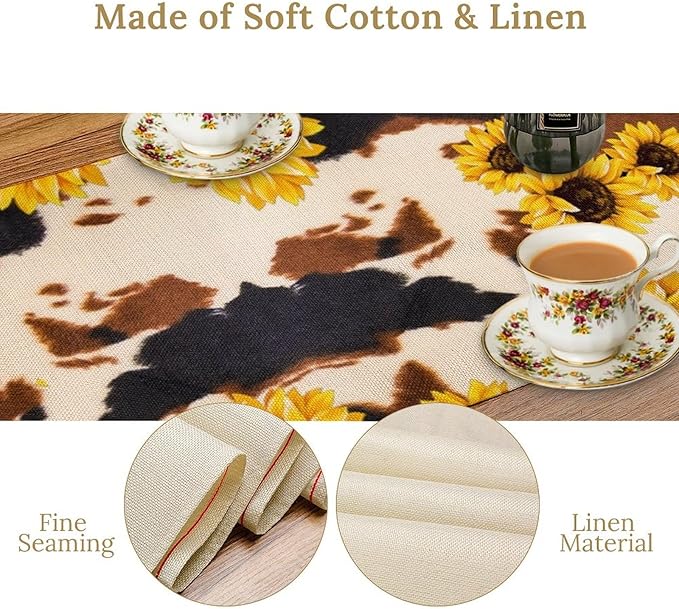 Cow Skin Print Table Runner, Vintage Sunflower Cottage Country Farm Animal Fur Skin Western Style Brown Cowhide Print Dinner Runner for Home Kitchen Dining Table 13x108in