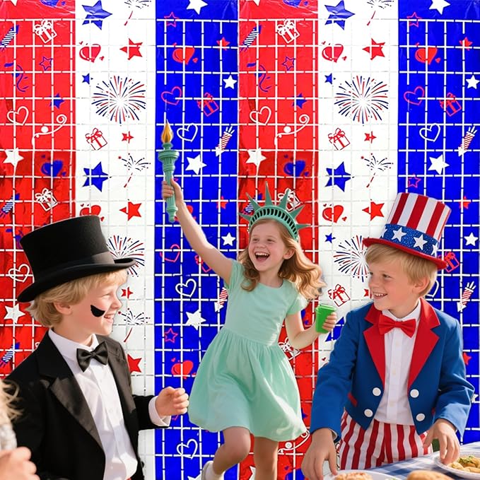 4th of July Decorations, 2 Packs 3.3x6.6ft 4th of July Photo Backdrop Streamer，Red White and Blue Tinsel Foil Fringe Curtains for Independence Day, America Patriotic, Memorial Day, Labor Day