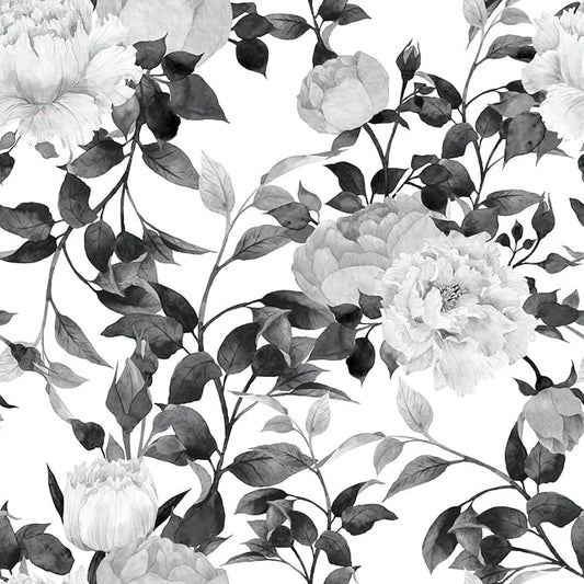 Floral Wallpaper Peel and Stick Black and White Wallpaper Self Adhesive Removable Vinyl Flower Contact Paper for Decorative Bedroom Home Wall (17.7"x236.2")