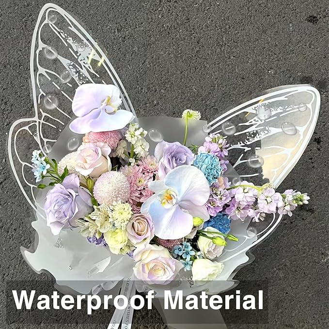 LLBWKC 20 Sets Butterfly Flower Wrapping Paper, Waterproof Butterfly Flower Bouquet Wrapping Paper, OPP Clear Floral Wraps for Florist Supplies, Gift Packaging, DIY Craft 20x22 in (Blue)