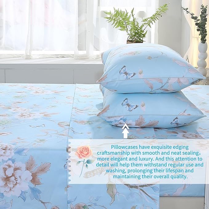 RYNGHIPY Egyptian Cotton Bed Sheet Set Blue Bird Botanical Pattern Bed Sheets Deep Pocket Fitted Sheet Tree Branches Print Bedding Soft Breathable (Light Blue,Full Size)