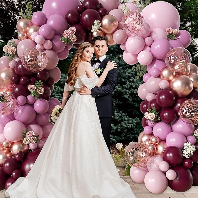 Retro Burgundy Balloon Arch Kit, 171Pcs Double-stuffed Dusty Pink Lavender Rose Pink Rose Gold Confetti Balloons for Baby Bridal Shower Wedding Engagement Birthday Party Decorations