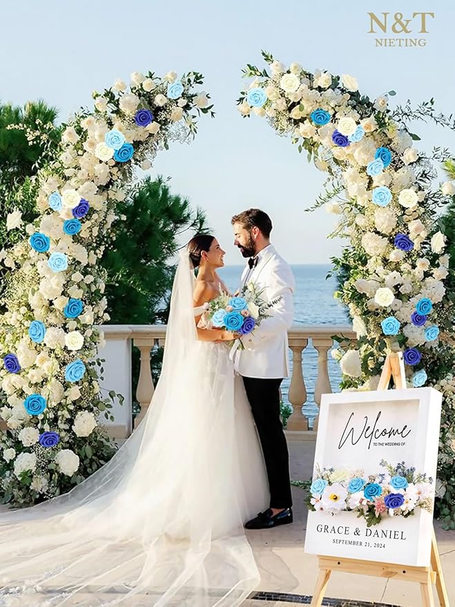 N&T NIETING Blue Roses Artificial Flowers, 50pcs Fake Flowers Rose Perfect for DIY Wedding Bridesmaid Bridal Bouquets Centerpieces Home Flower Arrangement Decoration, Series Blue