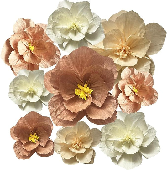 BRT Bearingshui Crepe Paper Flowers Decoration for Wall Total 9 Pcs, Artificial Flowers for Wedding Decor,Flower Backdrop Decor, Baby Bridal Shower Birthday Party, Pink Peach Beige 3D Wall Flowers