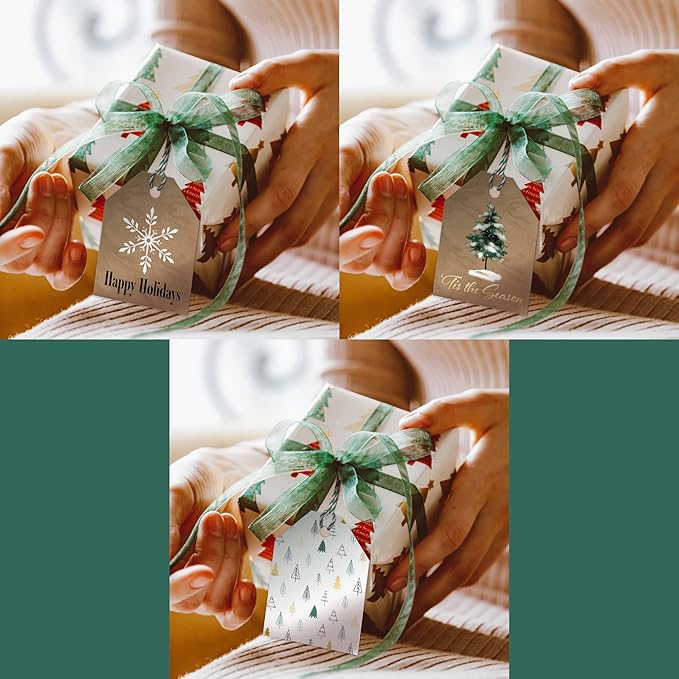 Pro Supply Global 24 Count of 2.5 Inch x 3 Inch Pre Strung Christmas Fir Trees Gift Tag Assorted Printed Designs on Large Cardstock Gift Hang Tags - Ideal to Use on Bags