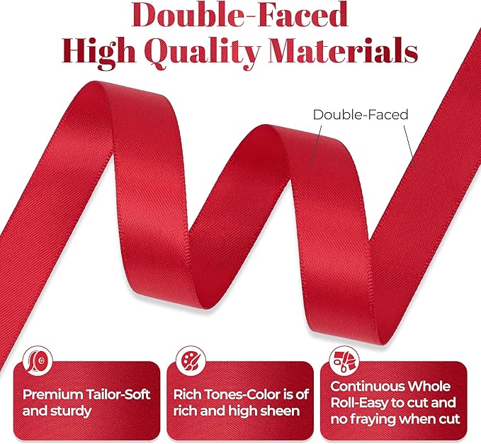 Red Satin Ribbon, Double Faced 5/8 Inch X 50 Yards Red Ribbon, Premium Satin Ribbon for Gift Wrapping, Crafts, Hair Bow Making, Sewing, Flower Bouquet, Wedding Party Decor