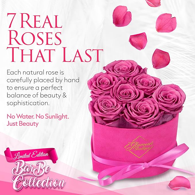 GLAMOUR BOUTIQUE 7 Flower Forever Heart Shape Box - Preserved Roses Gift for Her, Preserved Flowers, Velvet Pink