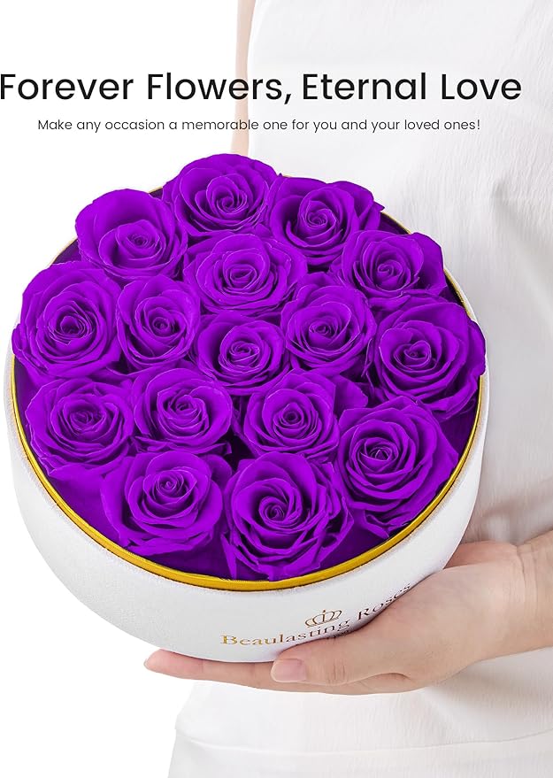 Preserved Roses Forever Flowers Real Roses in a Box Mother's Day Birthday Flowers for Her Mom Women Wife Valentine's Day, 16 Purple Roses