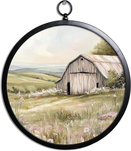 XIAOAIKA Vintage Wall Art with Metal Frame, Round Canvas Print Featuring Barn Country Field Scene, Boho Wall Decor for Living Room, Bedroom, Kitchen, Hallway, 10 Inch