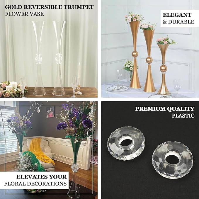 Efavormart 2 Pack Clear Gold Crystal Embellishment Trumpet Table Centerpiece, Reversible Plastic Flower Vase - 27"