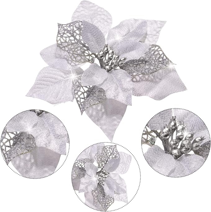 Boao 24 Pieces Christmas Artificial Glitter Poinsettia Flowers Xmas Flowers Wedding Christmas Tree New Year Ornaments(Silver)