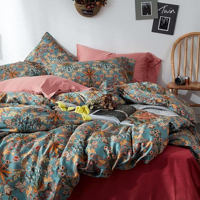 Vintage Flower Duvet Cover Full Percale Cotton Medallion Print Floral Bedding Set Full Farmhouse Bohemian Flower Comforter Cover with 2 Pillowcases Aesthetic Boho Duvet Cover with Zipper Closure