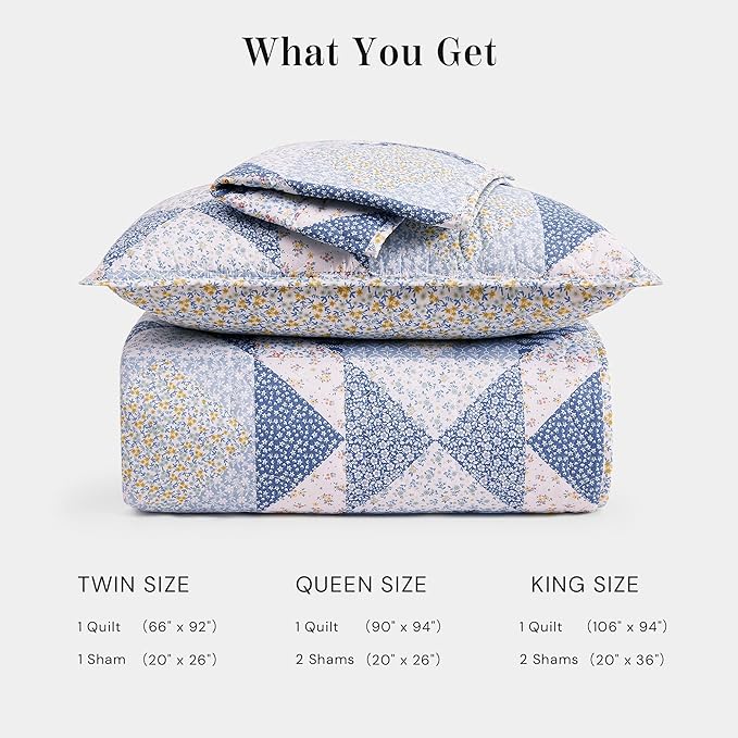 Quilt Set King Size, Patchwork Blue Marigold Floral Quilt Sets, Reversible Bedspread Lightweight and Breathable for All Seasons, Soft Quilted Bedspread with 2 Pillow Shams
