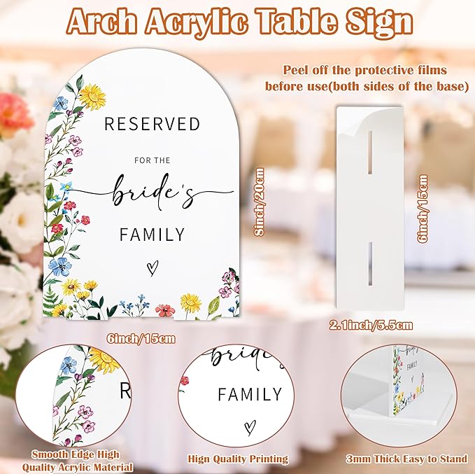 Acrylic Wedding Signs Reserved Table Sign for Reception, Reserved for The Bride's Family, 6x8" Floral Themed Arch Acrylic Table Decor, Love Is In Bloom Decorations for Bridal Shower Engagement