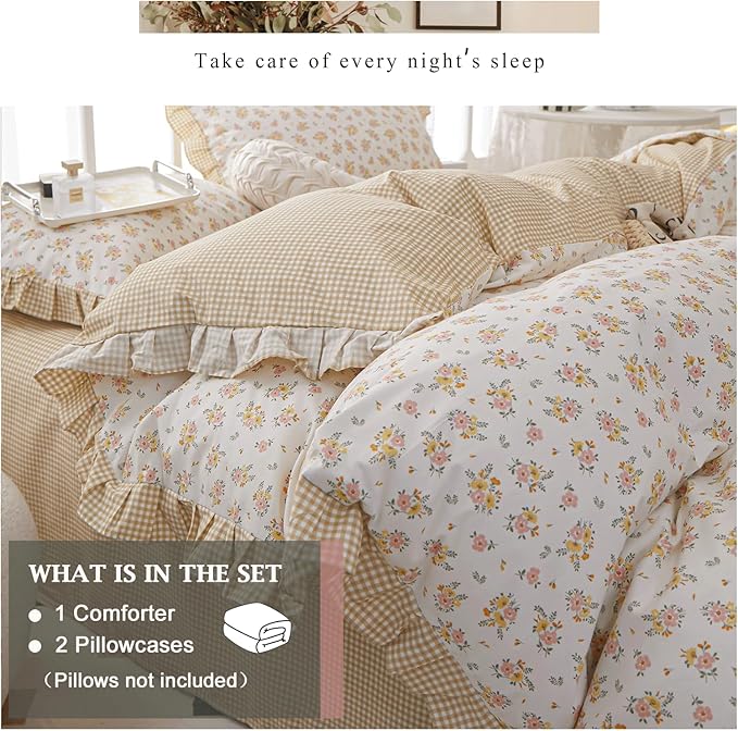 VM VOUGEMARKET Lace Comforter Set Full Vintage Girl's Flower Bedding Comforter Sets,Reversible Yellow Grid Comforter with 2 Pillowcases for All Seasons(3pcs,Full)