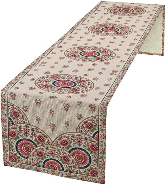 Bohemian Floral Table Runner, Vintage Ethnic Mandala Pink Flowers Boho Design Table Runner for Kitchen Dining Party Wedding, 13x60 Inch