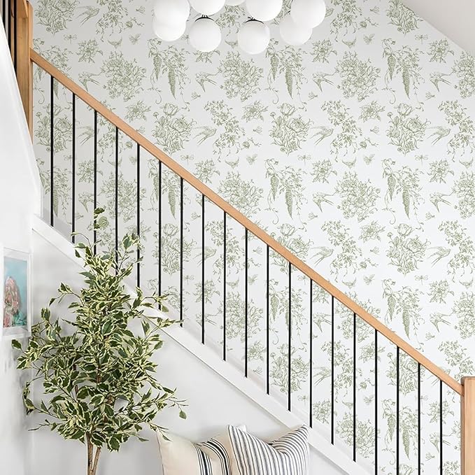 Floral Birds Wallpaper Peel and Stick Green and White Contact Paper 16.9”x 118.1”Vintage Floral Self Adhesive Removable Wallpaper Green Flower Contact Paper for Bathroom Kitchen Decor