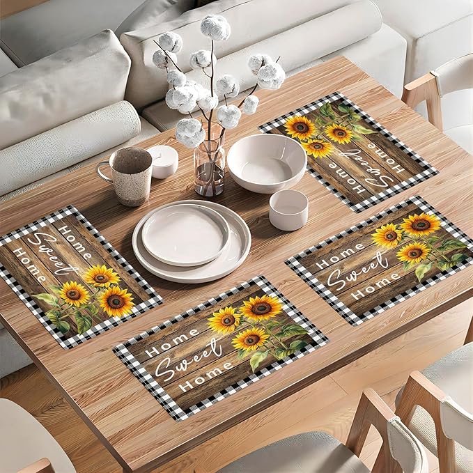 Farmhouse Sunflower Placemats Set of 6, Home Sweet Home Place Mats, Rustic Dining Table Mats, Washable Placemats for Kitchen Dining Room Home Decor 18L'' × 12W''