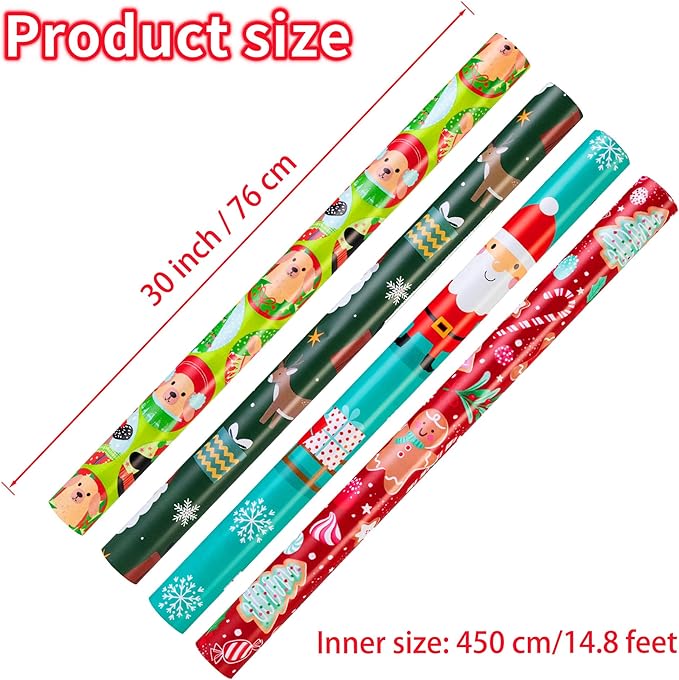 Cherubfunz Christmas Wrapping Paper (4 Rolls: 148 sq. ft. ttl) - Christmas Elements Collection - 30 inches x 14.8 feet Per Roll