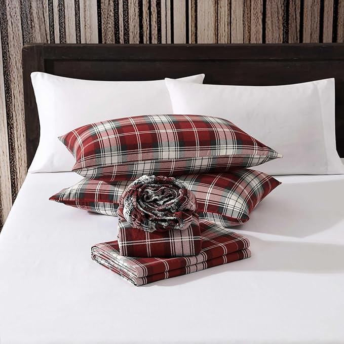 Eddie Bauer - Twin Bed Sheets, Cotton Flannel Bedding Set with Matching Pillowcase, Brushed for Extra Softness, Deep Pocket, Oeko-Tex Certified (Heartland Plaid Red)