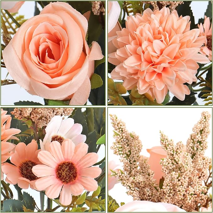Dremisland Artificial Flowers Like Real Artificial Bouquet 2 Packs Silk Artificial Roses Bouquet with Daisy Chrysanthemum Champagne Flowers for Centerpiece Table Wedding Party Home Decor