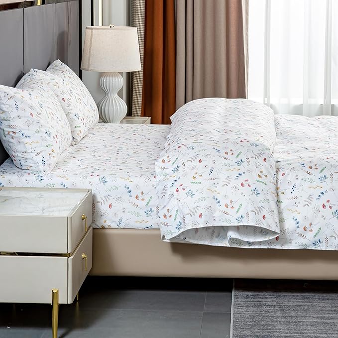 Bedlifes Full Sheet Set Ultra Soft, Breathable, Silky Flower Deep Pocket 100% Microfiber Bedding, 4 Piece Full Size White Floral