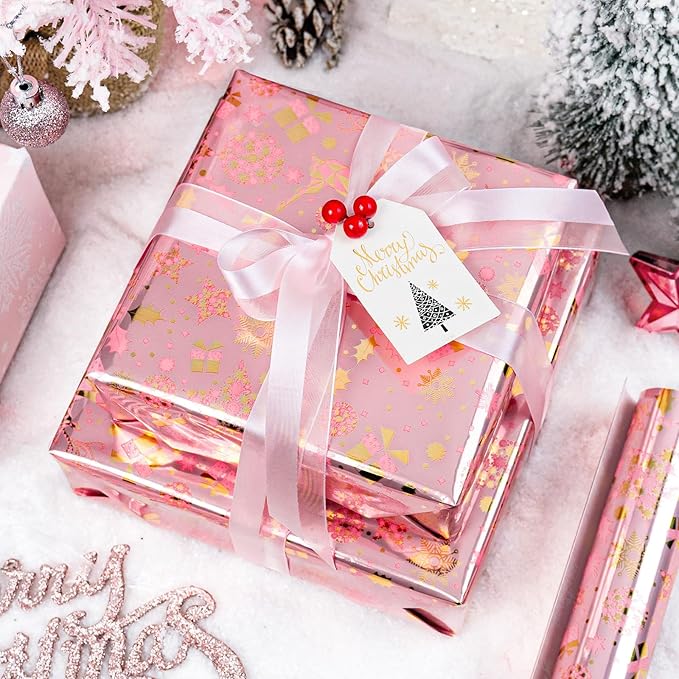 MAYPLUSS Christmas Wrapping Paper Roll - 17 Inch X 33 Feet - Gold Reindeer Star Snowflake Star Reversible HO Gift Wrapping Paper, Thick Wrap Paper for Holiday Party New Year Kids