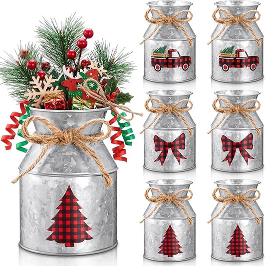 Domensi 6 Pcs Christmas Flower Vases for Table Centerpieces Bulk 5.12 Inch Metal Galvanized Farmhouse Flower Buckets with Bow Rustic Xmas Milk Can Jug for Kitchen Dining Room Table Decor (Iron)