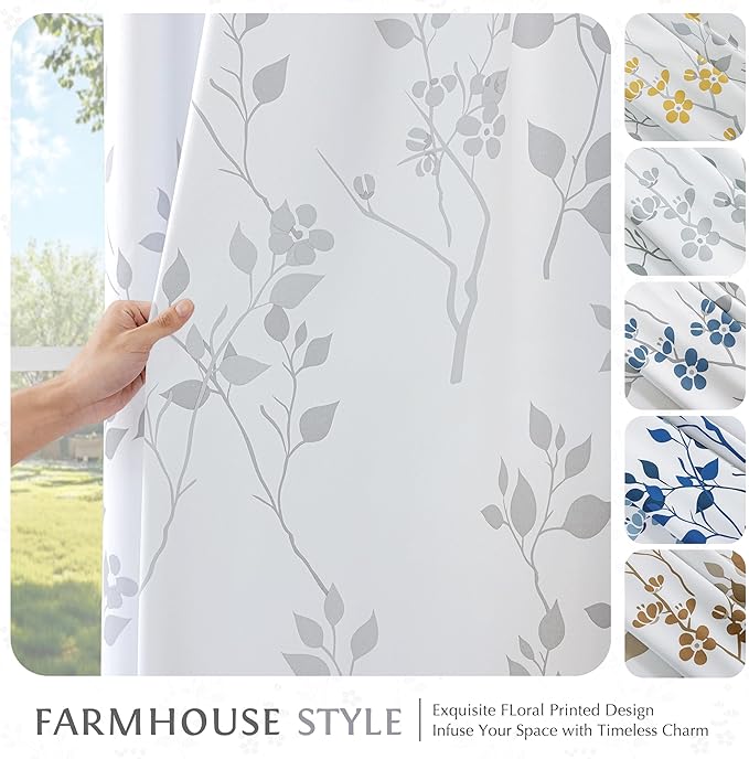Beauoop Floral 100% Blackout Curtains 54 Inch Length 2 Panels for Bedroom Living Room Grey White Flower Patterned Room Darkening Thermal Insulated Soundproof Grommet Window Treatments Drapes, 52X54