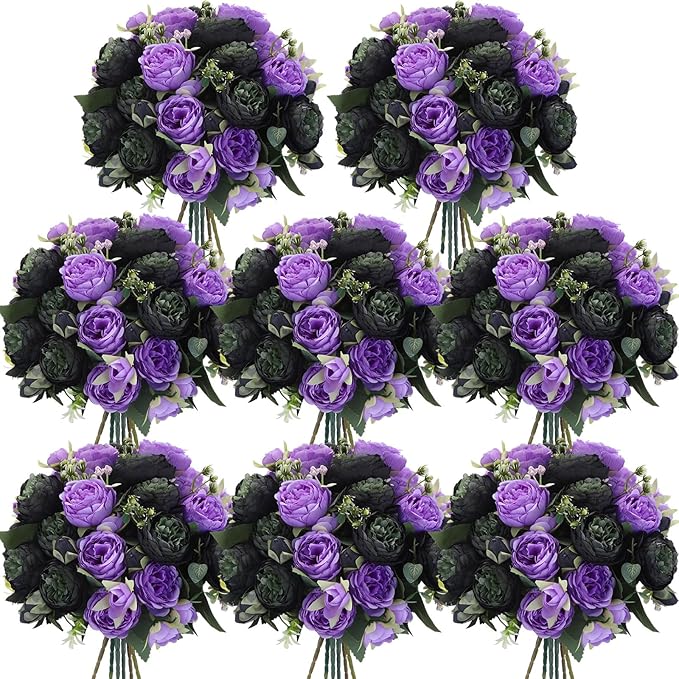 Geosar 8 Bundles Artificial Peonies Flowers Fake Silk Peony Bouquet Faux Peonies Flowers Bulk for Decoration Vase Floral Arrangements Wedding Party Table (Black,Purple)