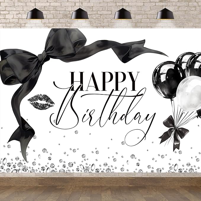 Black Bow Happy Birthday Banner Backdrop 8Wx6H Photography Girls Coquette Birthday Decorations Black White Bowknot Balloons Background Women Party Decorations Photo Booth Props Supplies